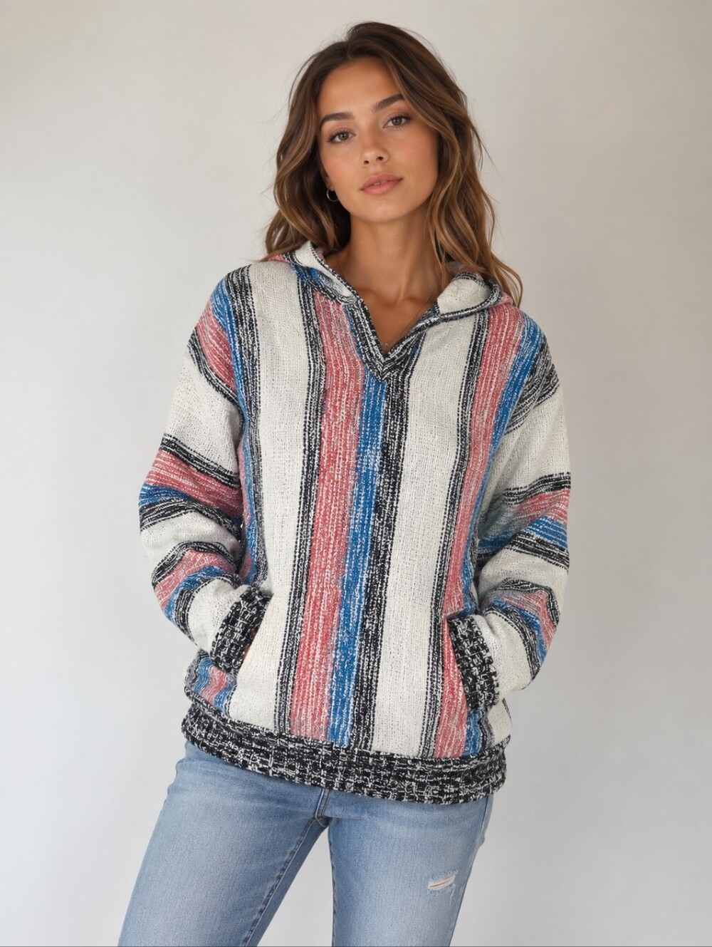 Classic Baja Striped Beach Pull Over Sweater with Hood Blue Red White Size S